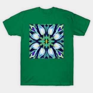 Folk Art Blue Green White Tulips Repeating Tile Pattern T-Shirt